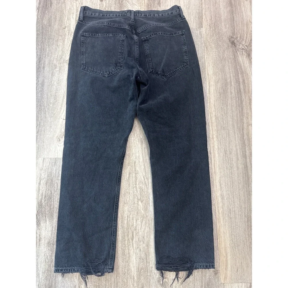 Agolde Riley High Rise Straight Leg Jeans Faded Black Distressed Size 30
